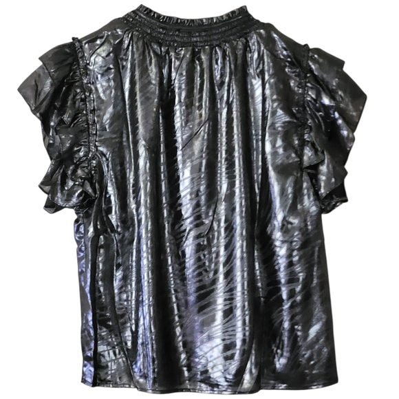 RESET by Jane Sasha Shine Blouse Flutter Sleeve Black Silver Metallic New - Picture 5 of 16
